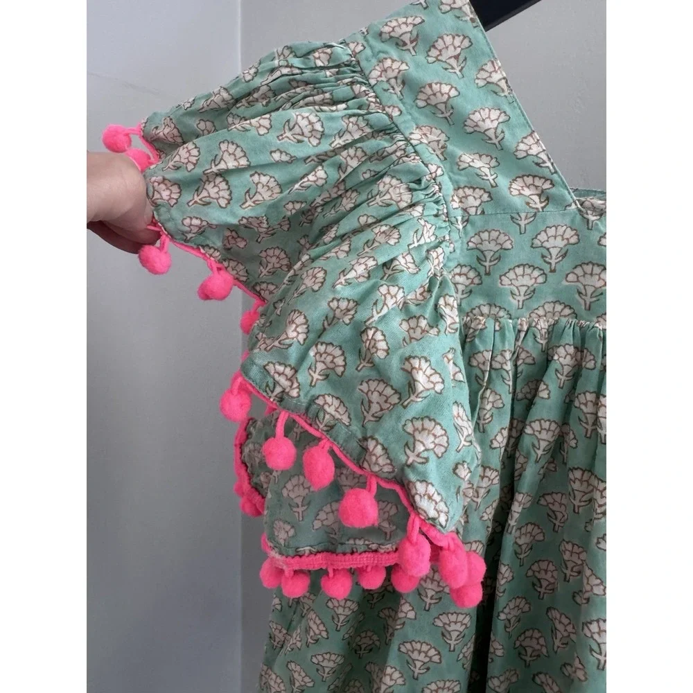 Paisley Magic Girls Dress 5 Green‎ Block Print Pom Trim Boho Cotton India